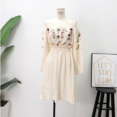 Flower Embroidery Dress Off Shoulder Linen Dress Boho Vintage