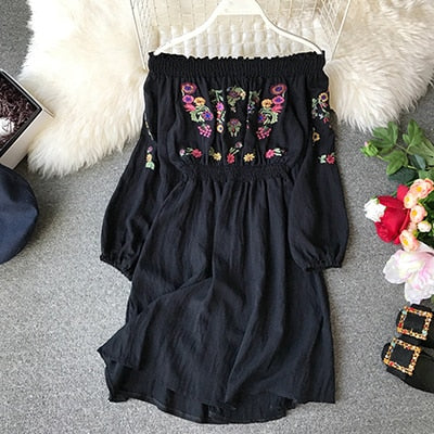 Flower Embroidery Dress Off Shoulder Linen Dress Boho Vintage