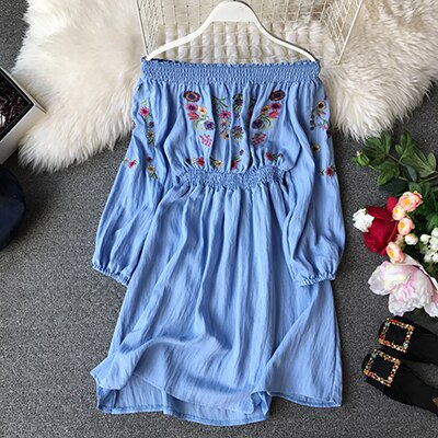 Flower Embroidery Dress Off Shoulder Linen Dress Boho Vintage