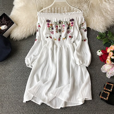 Flower Embroidery Dress Off Shoulder Linen Dress Boho Vintage