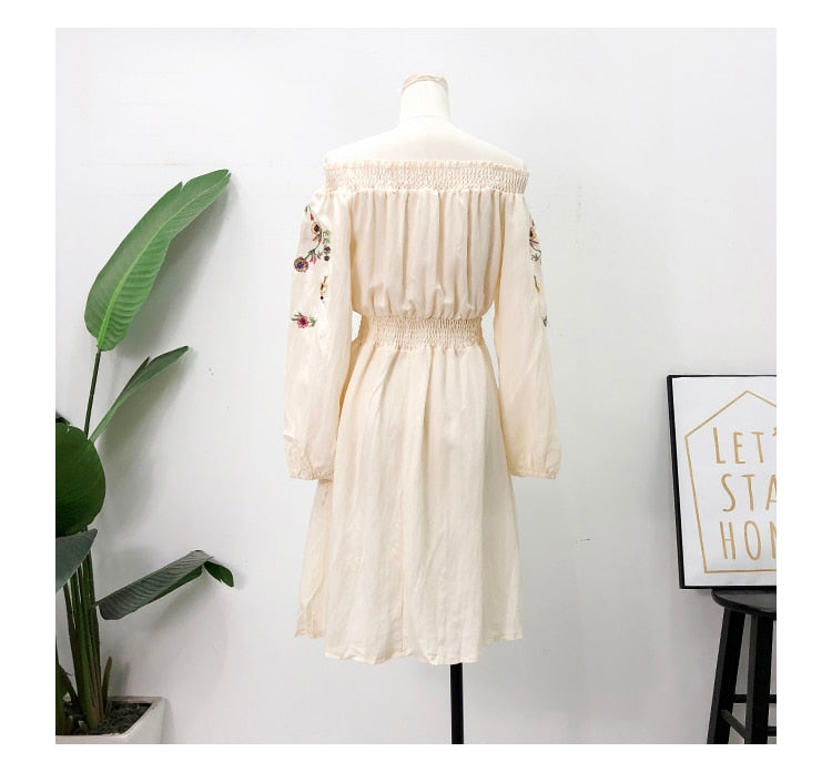 Flower Embroidery Dress Off Shoulder Linen Dress Boho Vintage