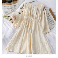 Flower Embroidery Dress Off Shoulder Linen Dress Boho Vintage