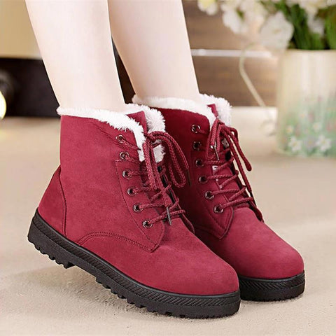 Snow boots square heels flock ankle boots lace-up winter shoes