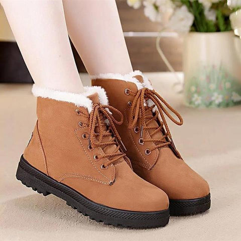 Snow boots square heels flock ankle boots lace-up winter shoes