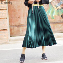 Metal Color Pleated Midi Skirt