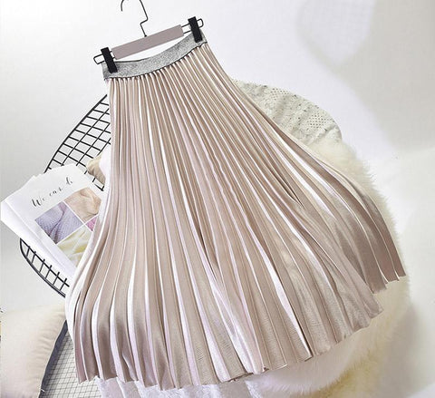 Metal Color Pleated Midi Skirt