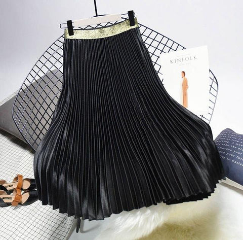 Metal Color Pleated Midi Skirt