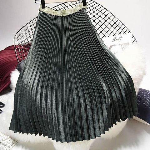 Metal Color Pleated Midi Skirt
