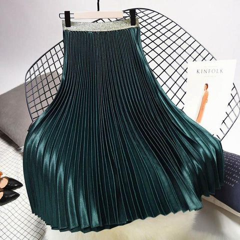 Metal Color Pleated Midi Skirt