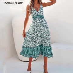 Bohemian White Green Floral print Sling Swing Dress