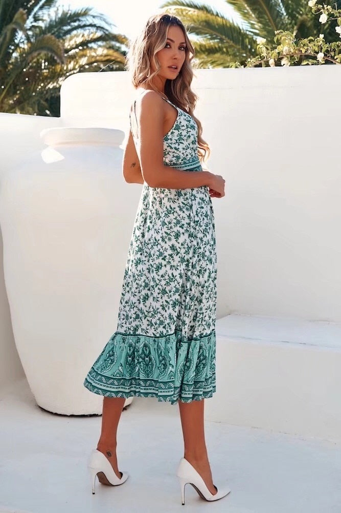 Bohemian White Green Floral print Sling Swing Dress