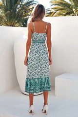 Bohemian White Green Floral print Sling Swing Dress