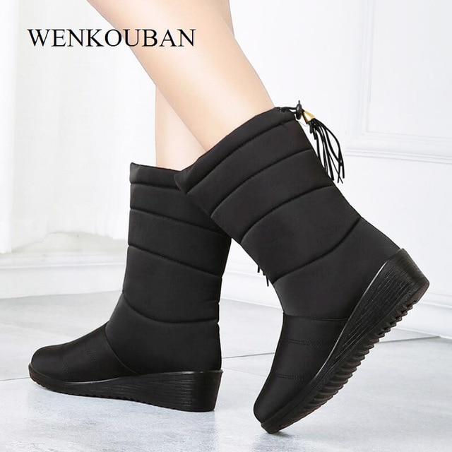 Waterproof Mid-Calf Down Warm Ladies Snow Bootie Wedge Rubber Plush Boots