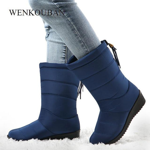 Waterproof Mid-Calf Down Warm Ladies Snow Bootie Wedge Rubber Plush Boots