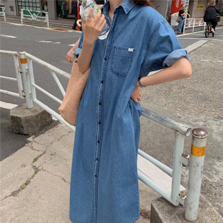 Denim Dresses Summer Casual Vintage Single Breasted Turn-down Collar