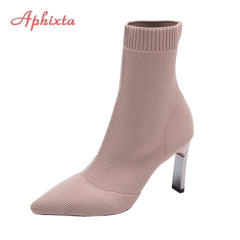 Metal Blade Heels Socks Stretch Fabric Elastic Stilettos Heel Pointed Toe Ankle Boots