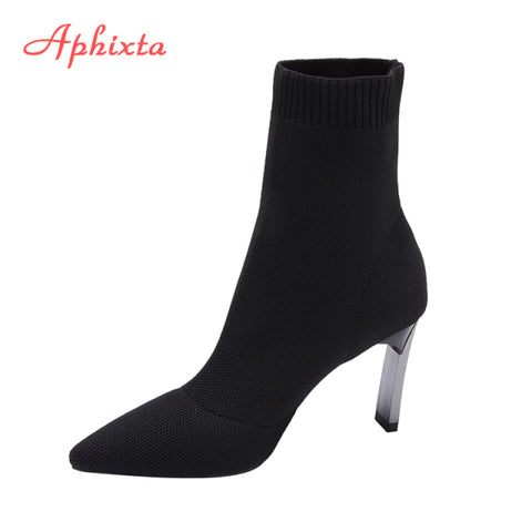 Metal Blade Heels Socks Stretch Fabric Elastic Stilettos Heel Pointed Toe Ankle Boots