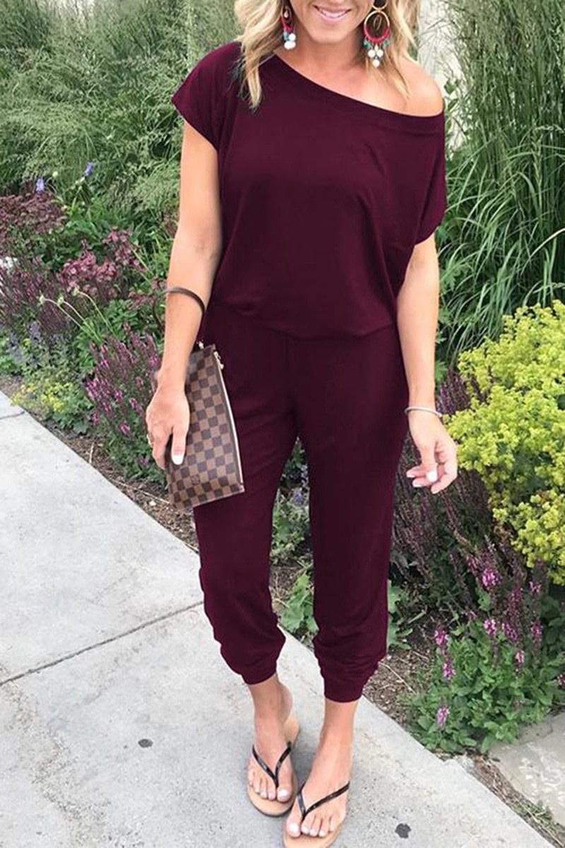 Fashion Slant Shoulder Casual Pocket Jumpsuit