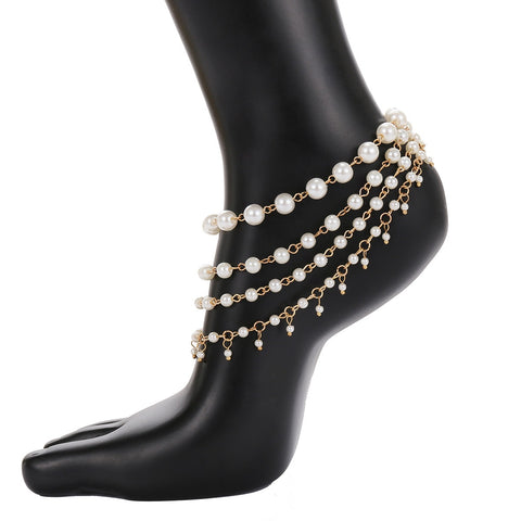 Tassels Multi-layer Simulated Pearl Ankle Leg Bracelet Boho