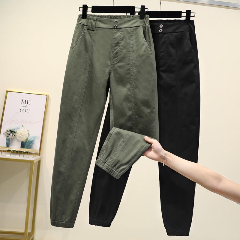 Cargo Pants High Waist Casual Loose Broadcloth Elastic Waist Ankle-length