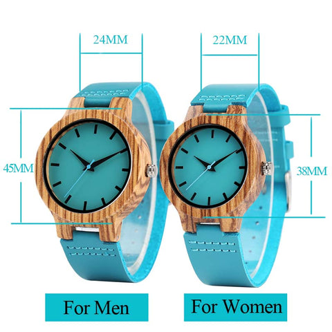 Royal Blue Wood Watch Quartz Wristwatch Natural Bamboo Clock Fashion Leather