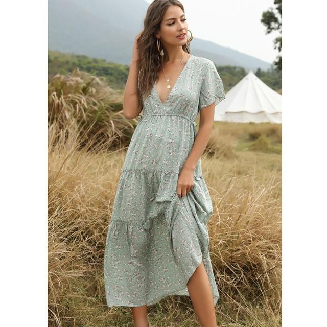 V-neck Sexy Long Maxi Boho Floral Print Tunic Dress