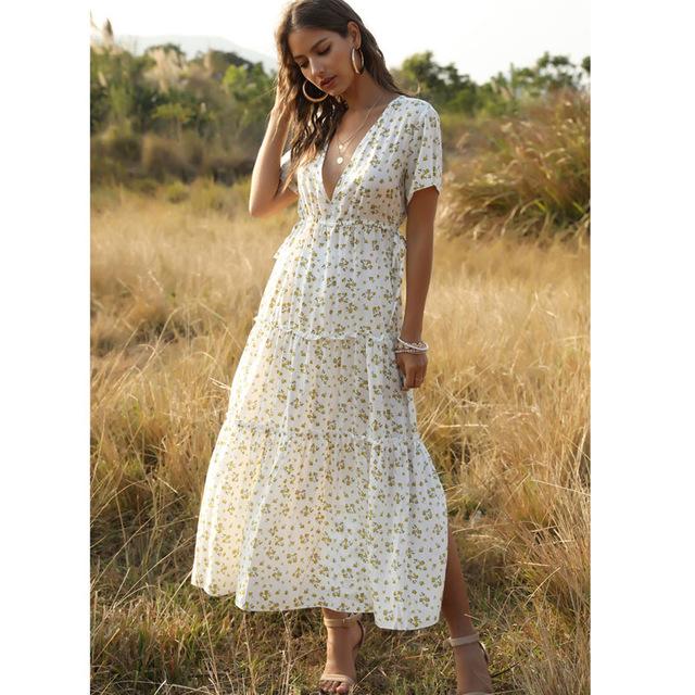 V-neck Sexy Long Maxi Boho Floral Print Tunic Dress