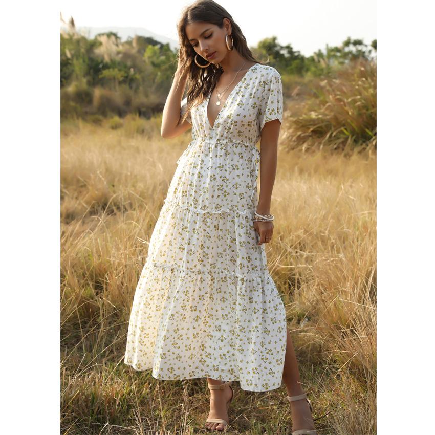 V-neck Sexy Long Maxi Boho Floral Print Tunic Dress