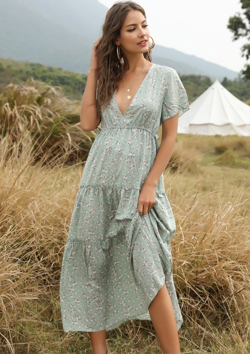 V-neck Sexy Long Maxi Boho Floral Print Tunic Dress