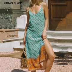 Bohemian strappy long V neck Floral print BOHO Dress