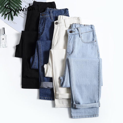 elastic waist high waist denim Pants boyfriend jean
