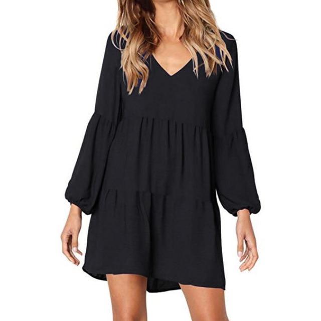 Casual sexy Solid Lantern Long Sleeve party V-Neck Draped Knee-Length Dress
