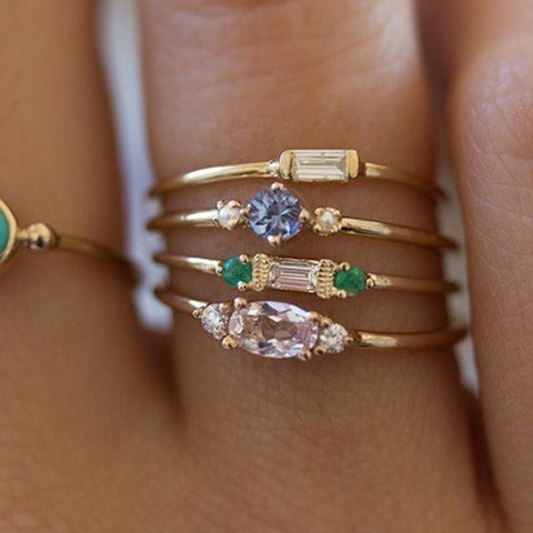 4 Pcs/set Crystal Zircon Gold Ring Set Vintage Bohemian
