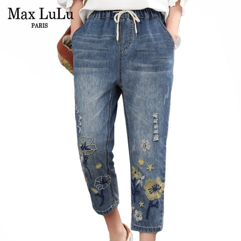 Fashion Style Vintage Embroidery Casual Floral Denim Trousers Ripped Harem Pants