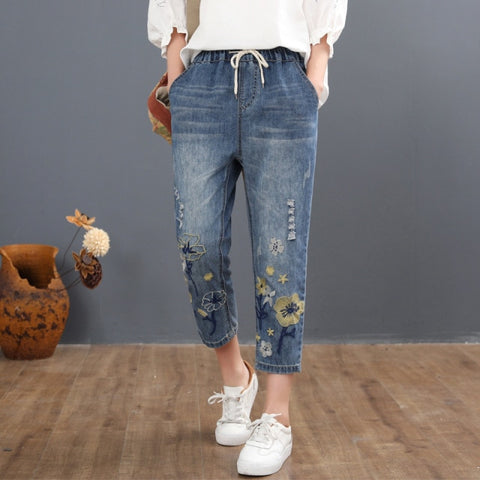 Fashion Style Vintage Embroidery Casual Floral Denim Trousers Ripped Harem Pants