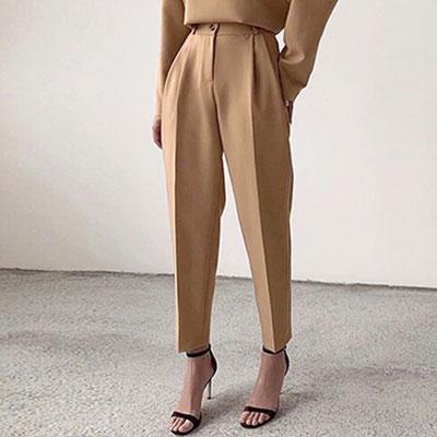 Casual High Waist Khaki Spring Brown Zipper Pocket Solid Pencil Pants