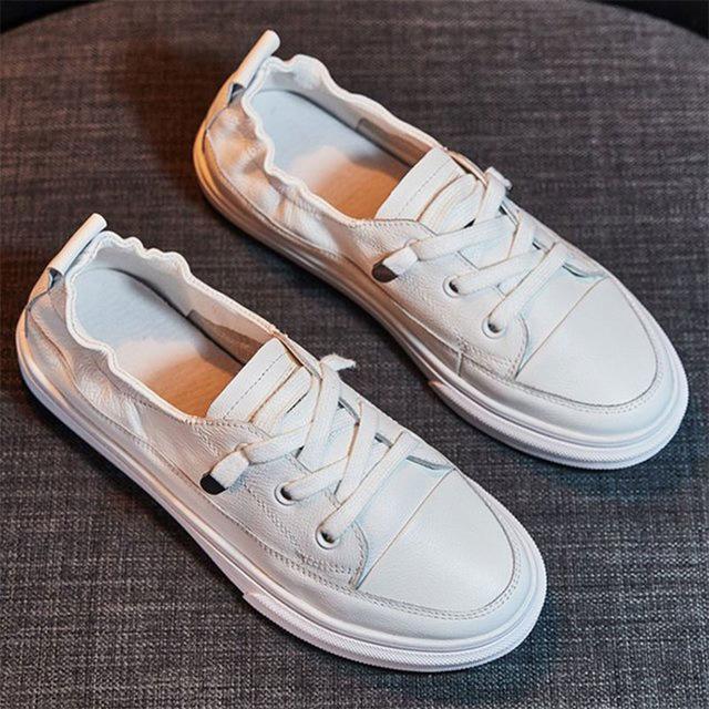 White Flats Pu Soft Leather Sneakers Canvas Loafers Comfort Lace Up Vulcanized Shoes