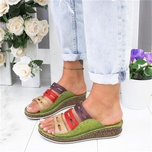 Summer Lady Retro Stitching ColorCasual Low  Beach Open Peep Toe Sandals