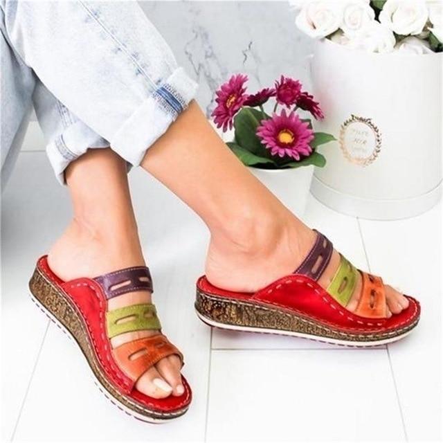 Summer Lady Retro Stitching ColorCasual Low  Beach Open Peep Toe Sandals