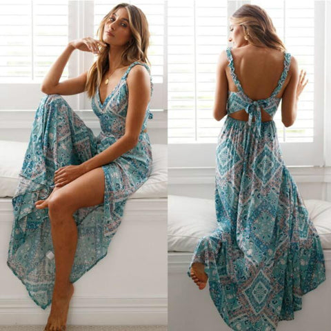 Sexy Backless Bohemian Floral Print Long Dress