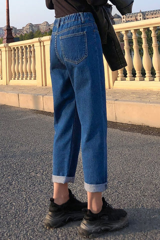 elastic waist high waist denim Pants boyfriend jean