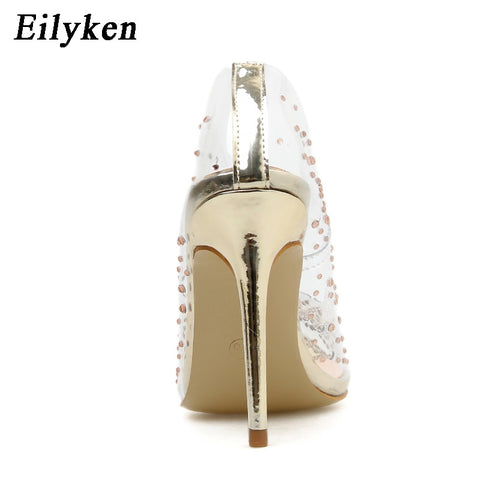 Golden Rhinestone PVC transparent Women Pumps Shoes  High Heels PVC