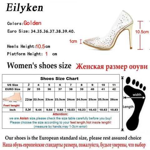 Golden Rhinestone PVC transparent Women Pumps Shoes  High Heels PVC