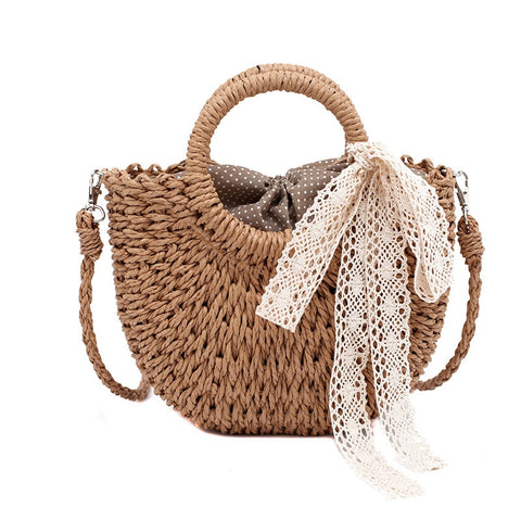 Straw Bag Women Hand-Woven Moon Shape Lace Bow Rattan Bag