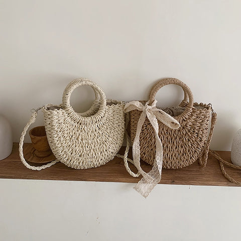 Straw Bag Women Hand-Woven Moon Shape Lace Bow Rattan Bag