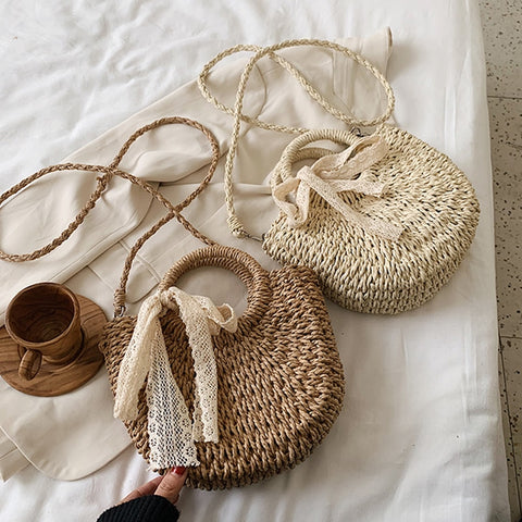 Straw Bag Women Hand-Woven Moon Shape Lace Bow Rattan Bag