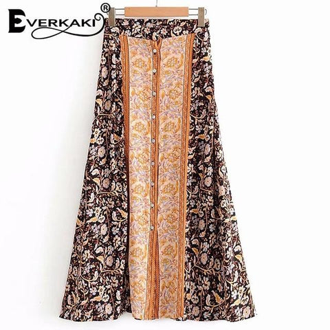 Boho Floral Print Gypsy Buttons Ladies Casual Long Skirt