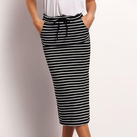 Midi Skirt Summer Cotton Skirt Straight Casual Striped
