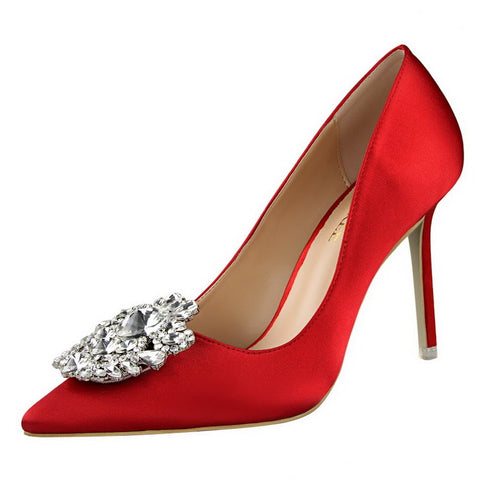 Shoes Faux Silk Satin Rhinestone Crystal Shallow Pumps Stiletto High Heel