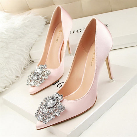 Shoes Faux Silk Satin Rhinestone Crystal Shallow Pumps Stiletto High Heel
